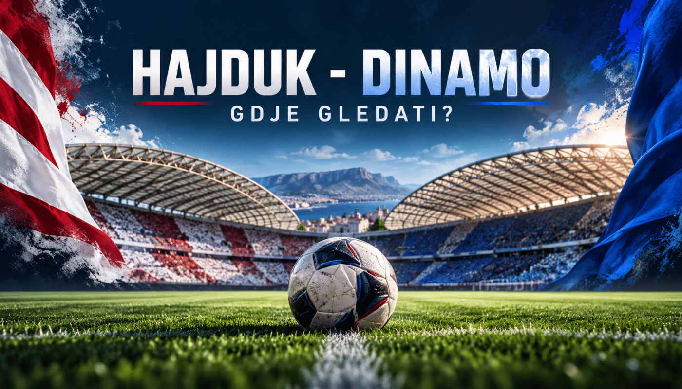 Ilustracija derbija Hajduk - Dinamo s nogometnom loptom, stadionom i natpisom Gdje gledati?